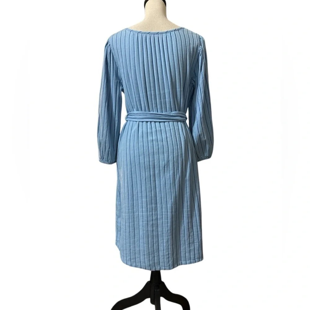 J. Crew Balloon Sleeve Tie Waist Cotton Dress in Blue Pinstripe size Medium